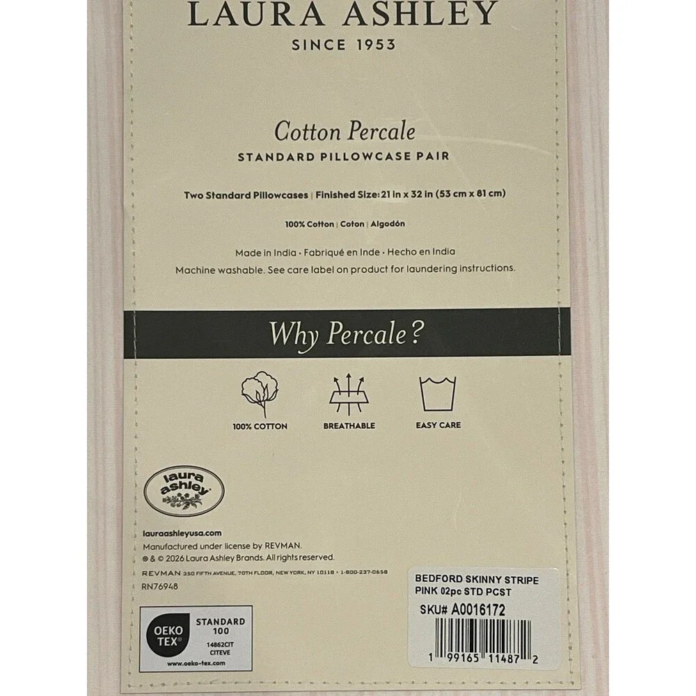Laura Ashley Bedford Skinny Stripe Pink PILLOWCASE Pair Cotton Percale Standard